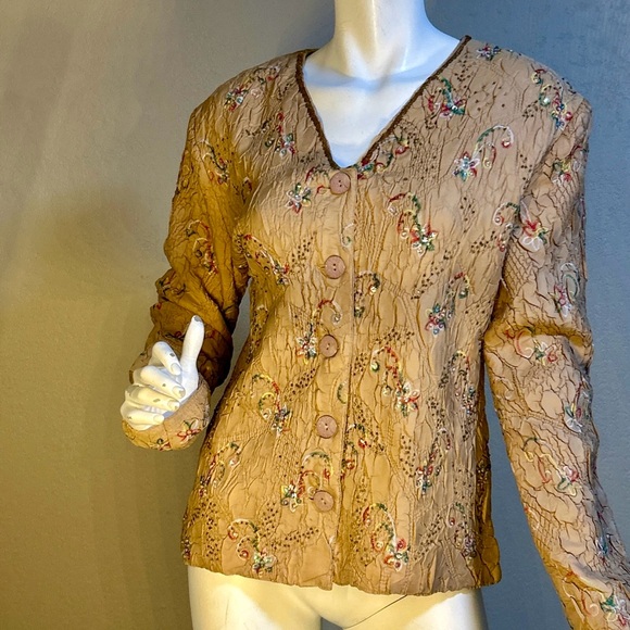Vintage DB Sport Beaded & Sequin Crinkle Jacket Beige, Embroidered, Sz M - Picture 9 of 16